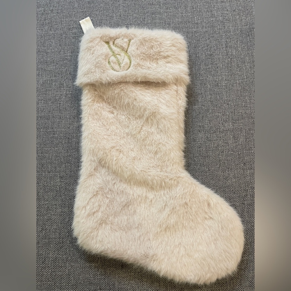Exclusive Victoria Secret Christams Stocking White Faux‎ Fur Gold Lettering